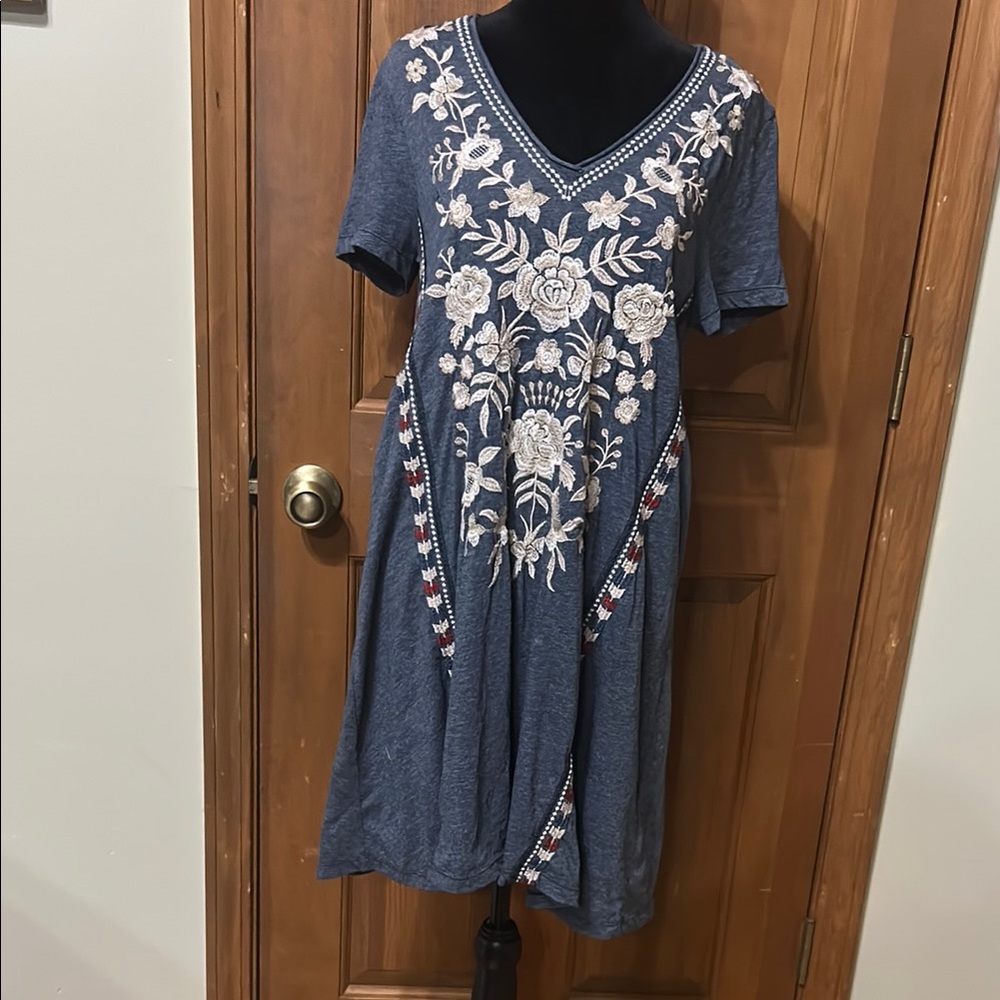 Johnny Was Blue Dress with White Floral Embroidery